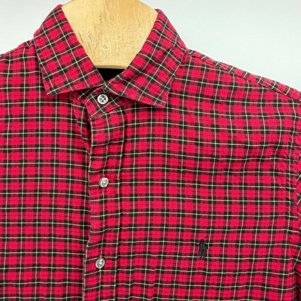 Polo Ralph Lauren Button Down Men Medium‎ Red Black Plaid Slim Fit Long Sleeve